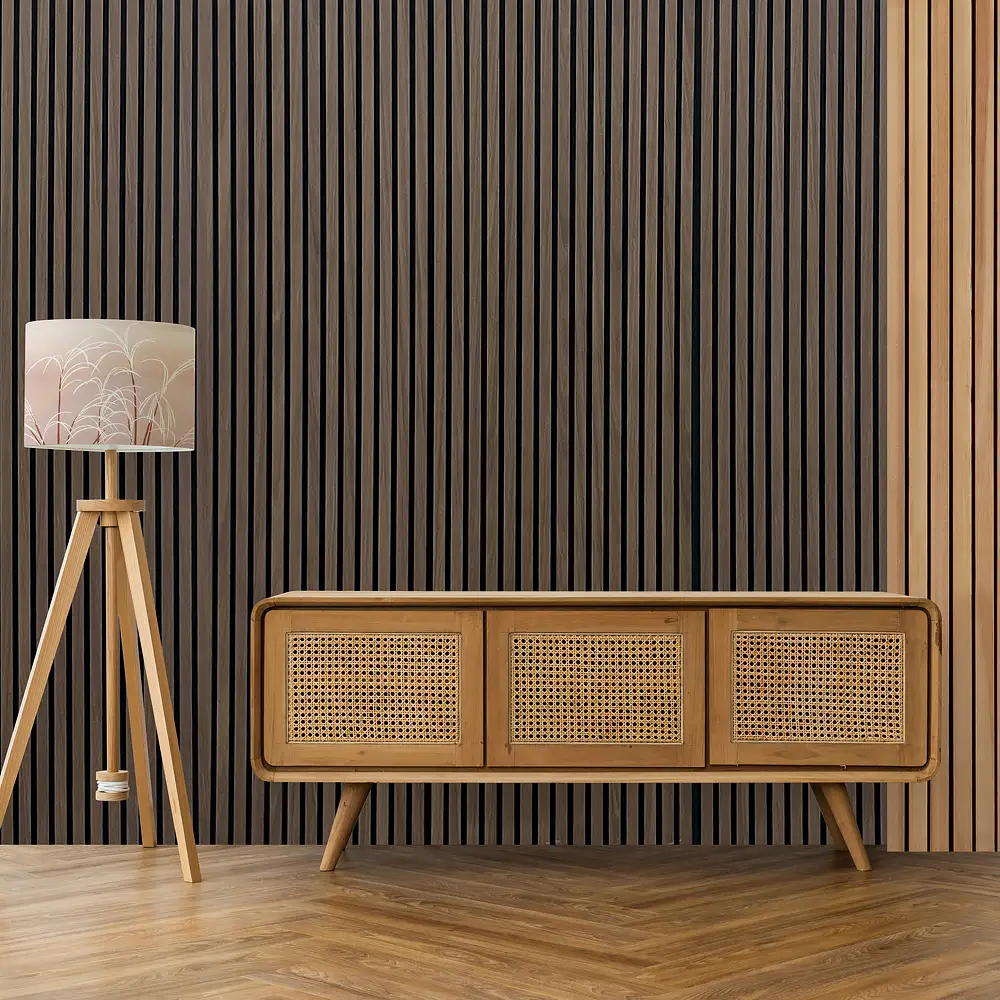 Akupanel Wood Slat Acoustic Wall Panel with Real Dark Smoke Oak Veneer 1