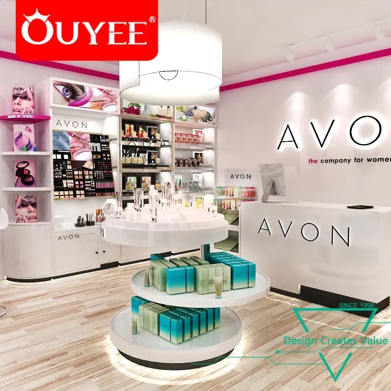 Runder Kosmetik-Präsentationstisch aus Holz für Einzelhandelsgeschäfte 1