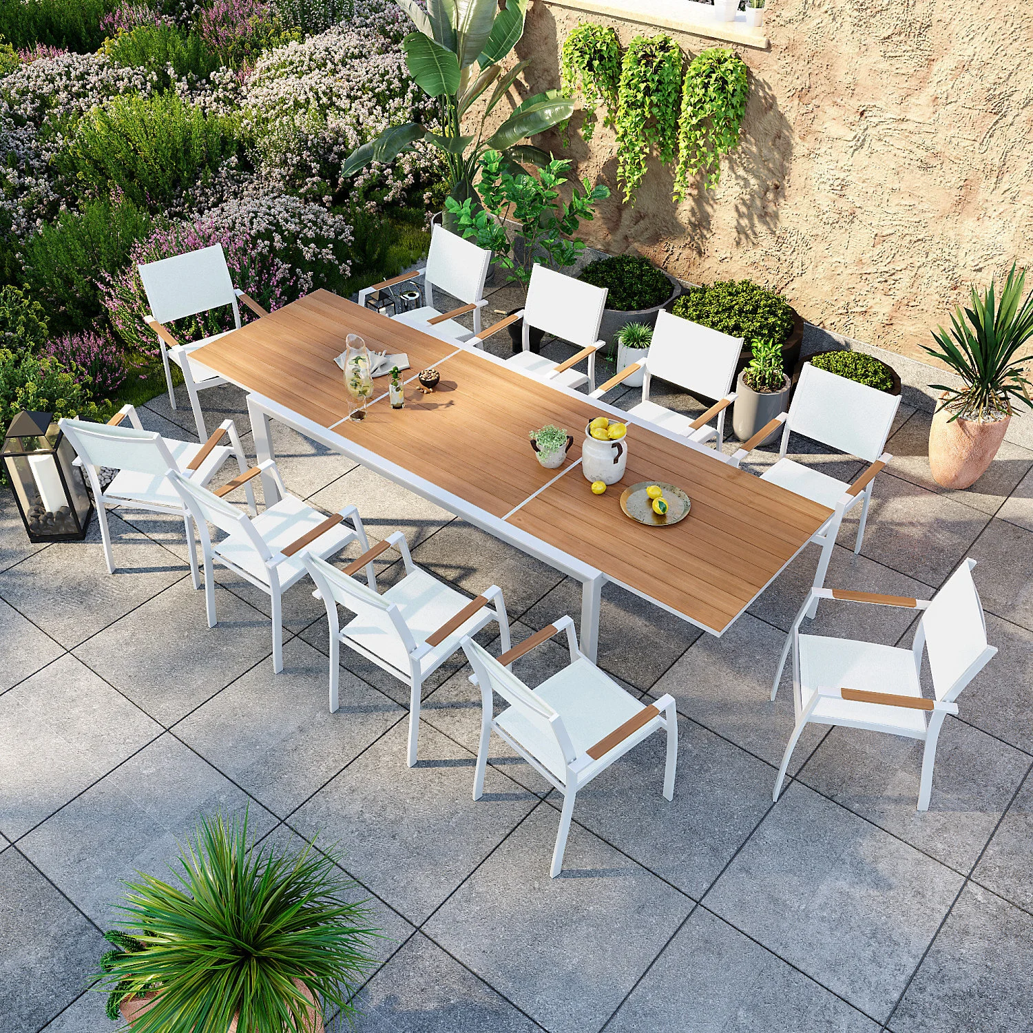 Ensemble de salle à manger d'extérieur avec chaises et table extensibles, chaises confortables et table pour les repas en plein air. 1