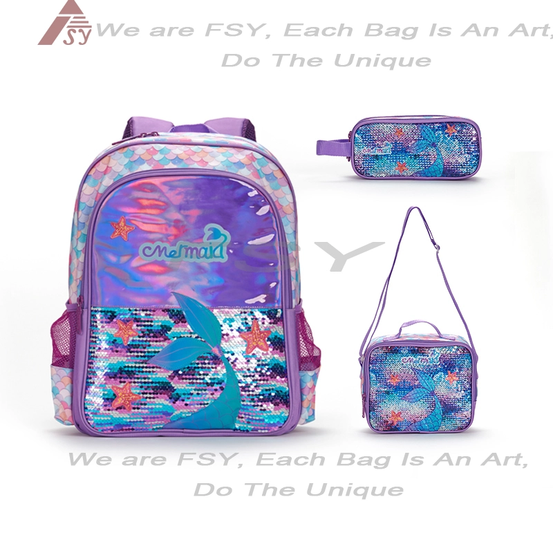 Customize Fancy New School Backpack 3 Piece Set Kids Sequin Mermaid School Bag Shoulder Bag For Girls 1