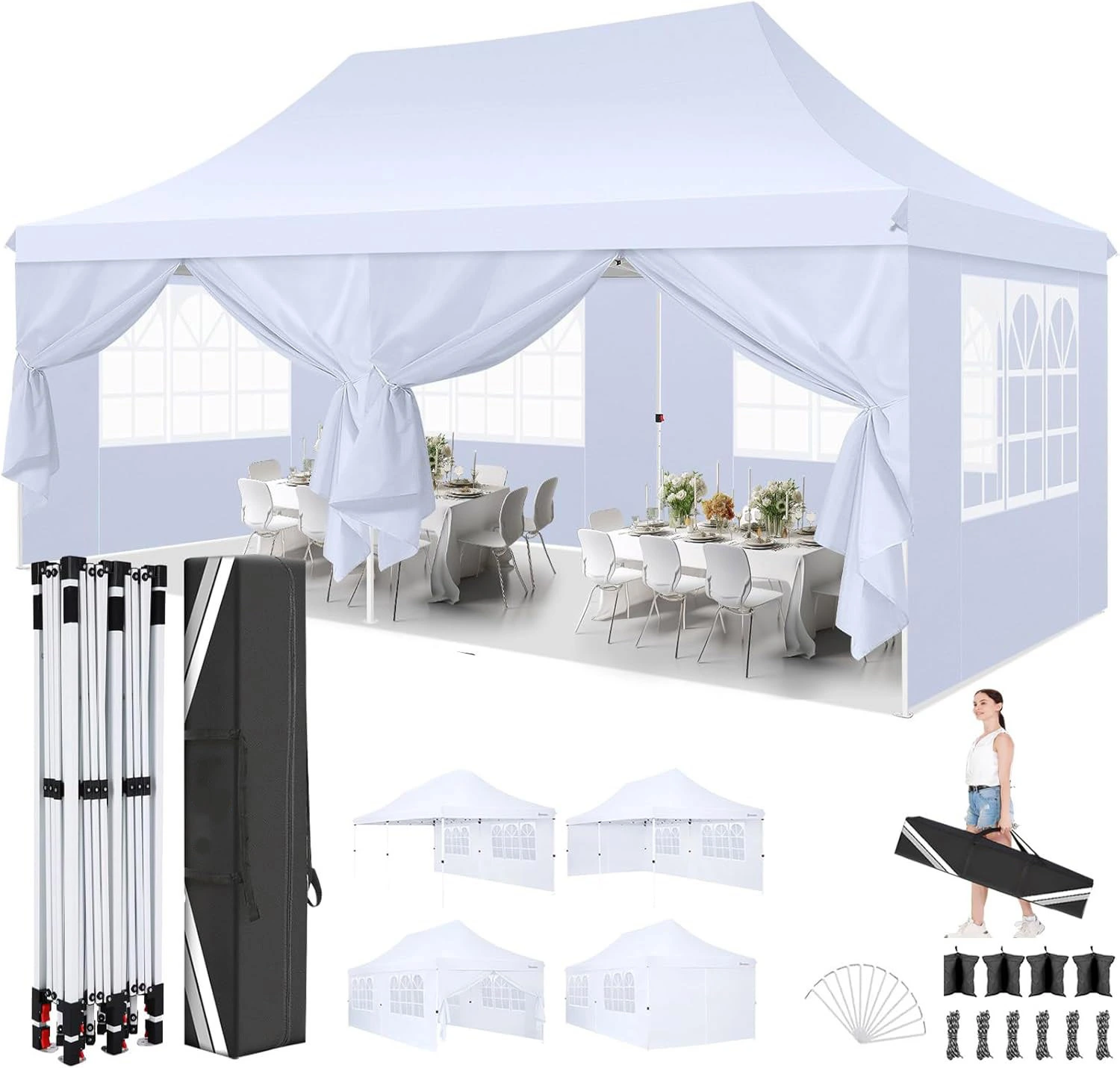 Weißes 10x10 Instant Pop-up Pavillon Baldachin Tragbares Terrassenzelt mit römischen Fenstern für den Außenbereich 1