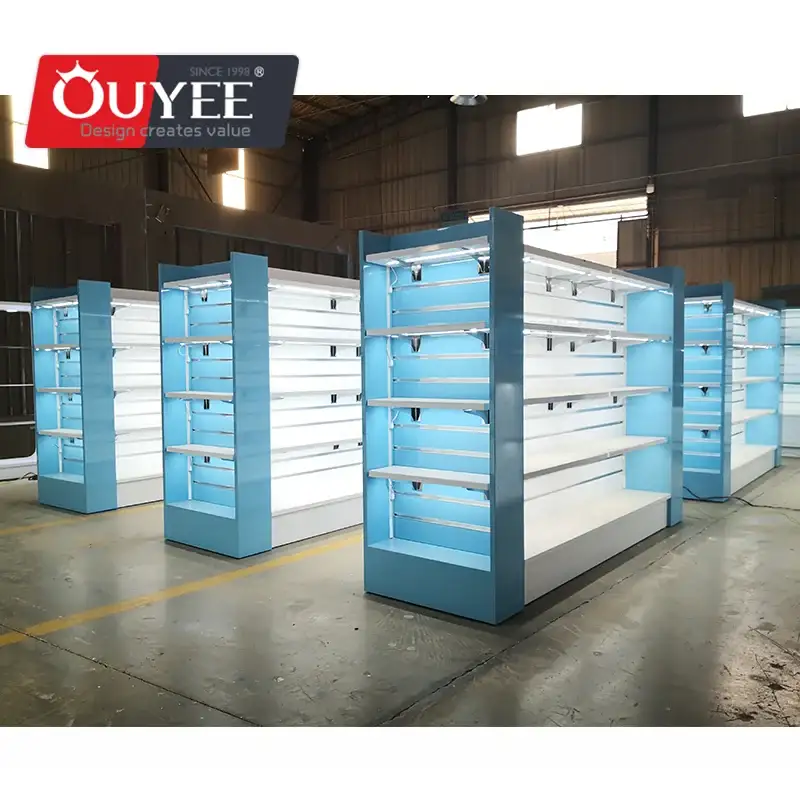 Rayonnages en bois pour pharmacie et supermarché avec éclairage LED 1