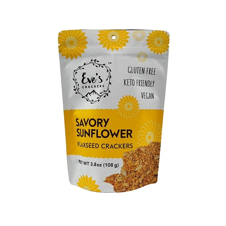 Custom Printed 100g 250g 500g Stand Up Pouch Flaxseed Crackers Smell Proof Zipper Food Packaging Bags 1