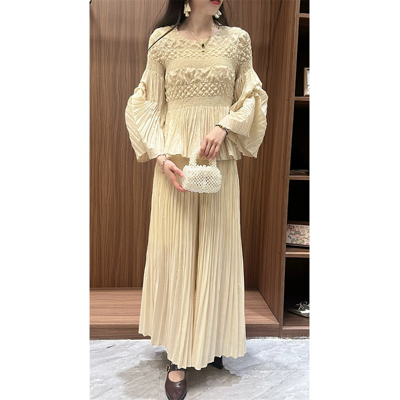 Factory Wholesale Miyake Women's Fashion Two-piece Set Loose Tops Pleated Deco Wide-leg Pants Ankle-length Women's Fashion Set 1