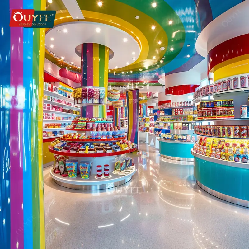 Scaffali espositivi personalizzati per cioccolatini e zucchero filato per negozi di dolciumi. 1