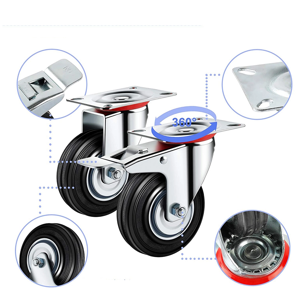 3 3.5 4 5 6 8 Inch Factory Popular Industrial Black Solid Rotating Fixed Locking Rubber Caster Wheel For Garbage Can Trolleys 1