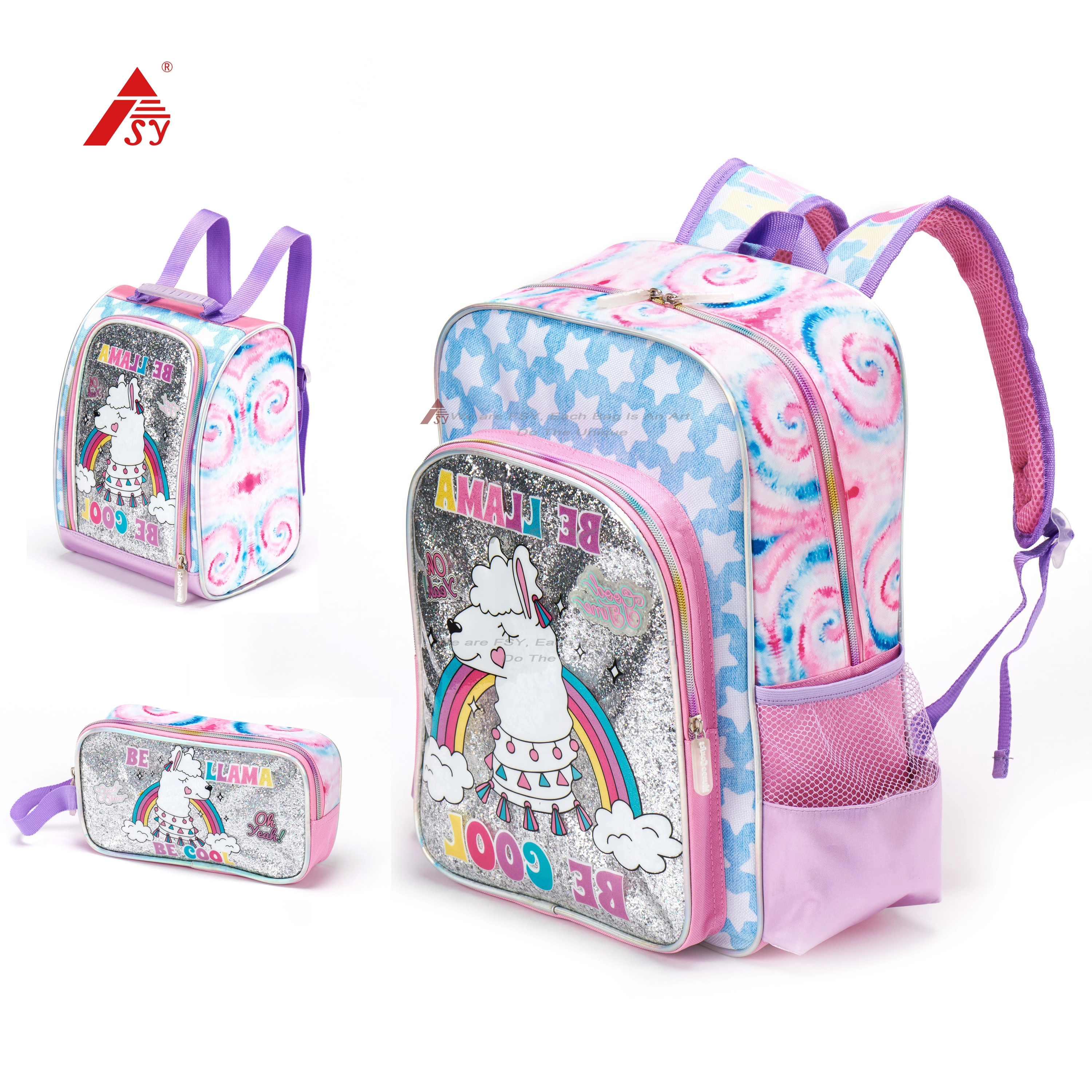Fsy 2024 New Style Kids Girls Cartoon Alpaca Backpack 3 Pieces School Bag Sets With Picnic Lunch Bag Pencil Bag Primary Student 1