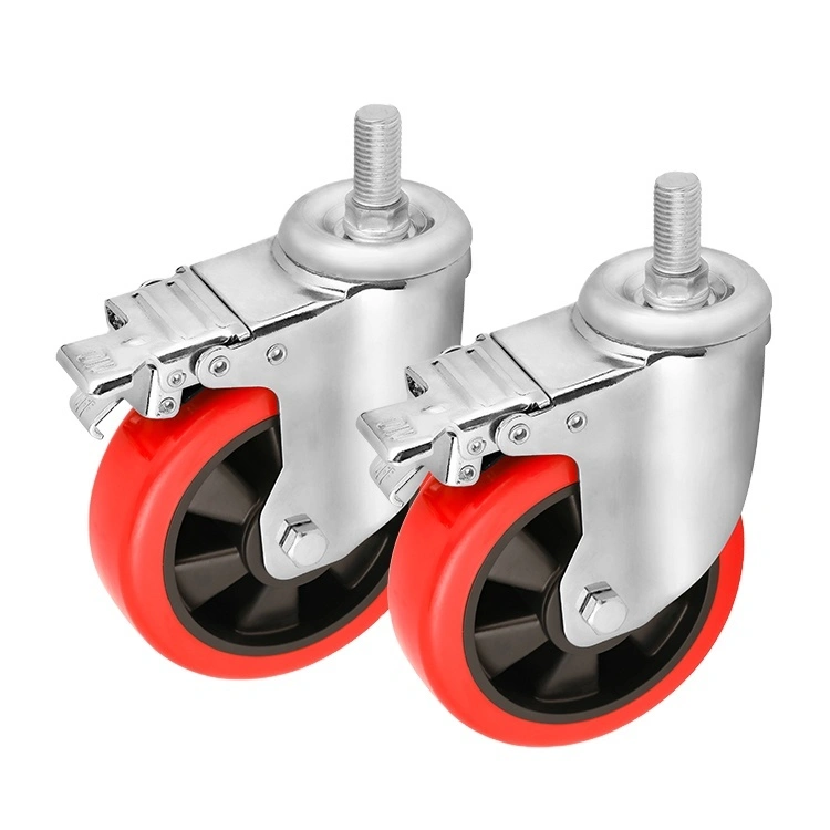 Red Color 345 Inch Polyurethane Industrial Pu Caster Double Brake Design Steel Caster Wheels 1