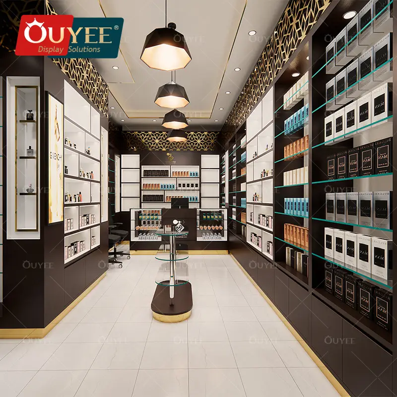 Expositor de parede para perfumes árabes em madeira e vidro. 1