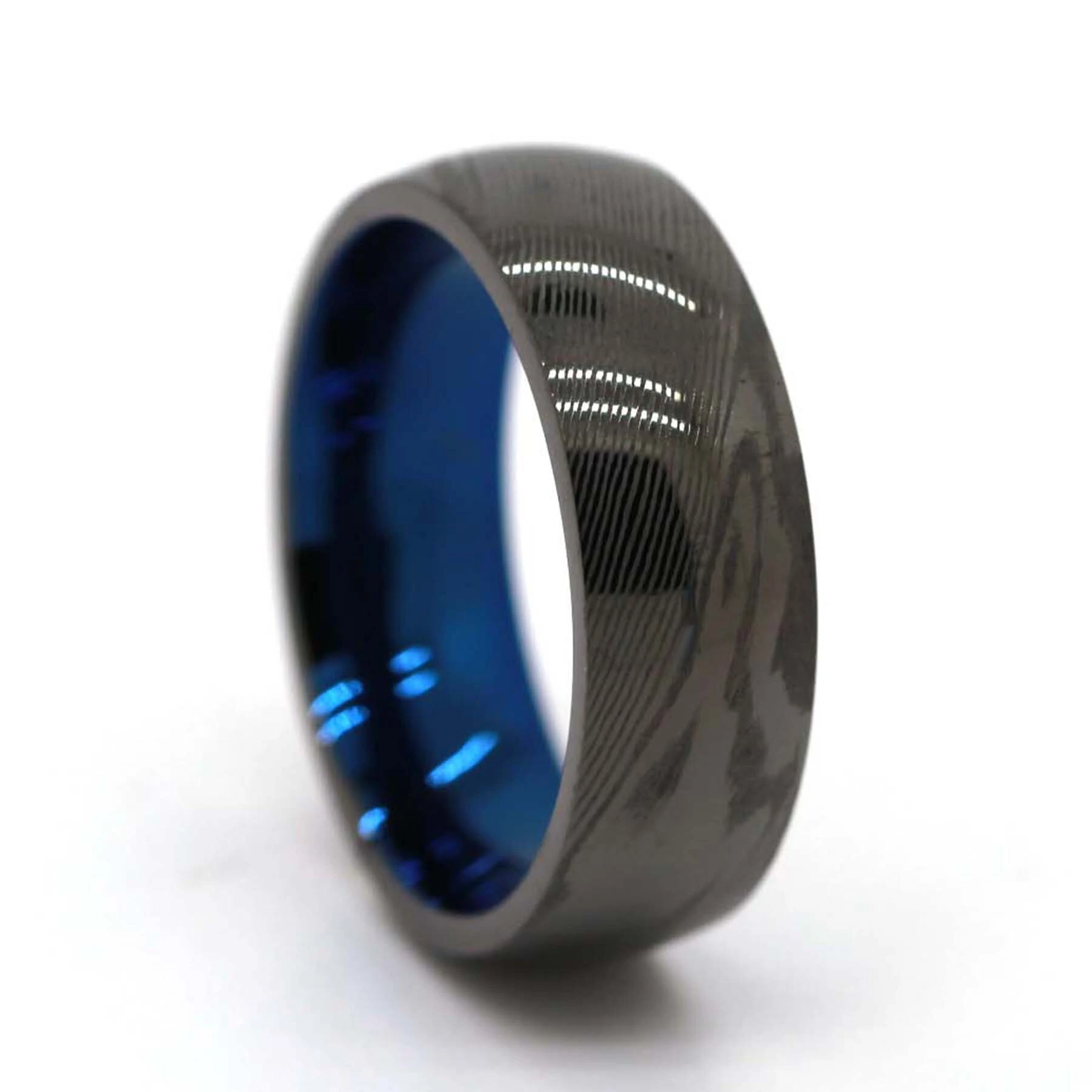 Wholesale Price Domed Surface 7mm Damascus Jewelry For Men Ip Blue Damascus Ring Steel Fashion Ring 1