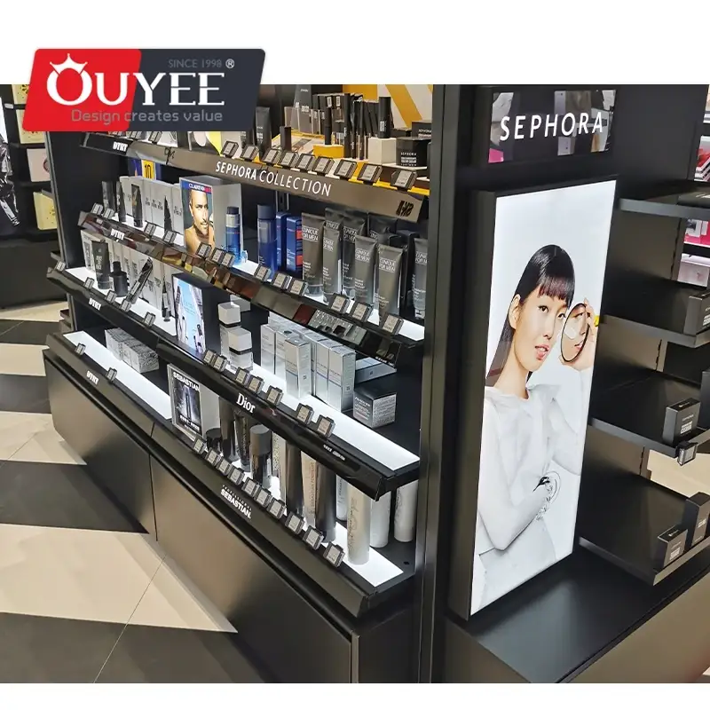 Maßgefertigter Make-up-Präsentationsschrank aus Holz für Kosmetikgeschäfte 1