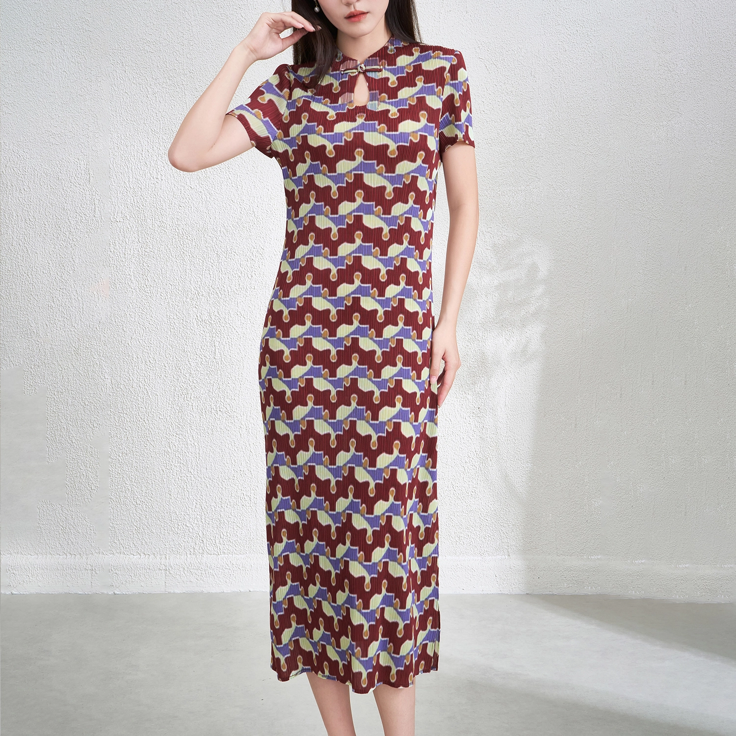 Factory 2025 High-Stretch Pleated Printed Cheongsam Dress 1