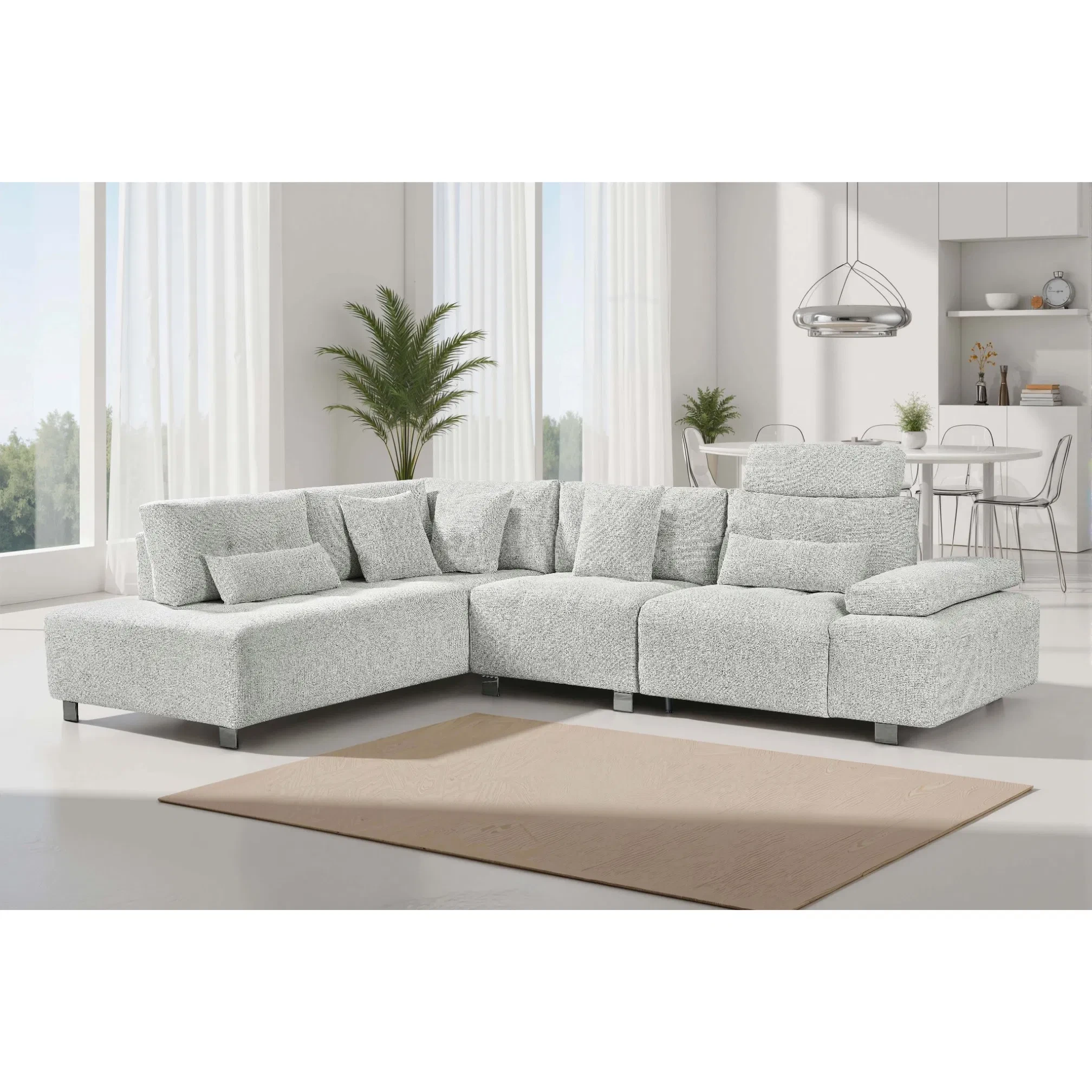 Houten frame, spons, elektrische relaxfauteuil, L-vormige hoekbank, stoffen modulaire bank voor een moderne woonkamer 1