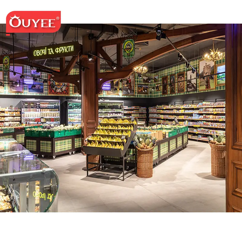 Rayonnages en bois pour supermarché commercial, présentoir à fruits et légumes 1