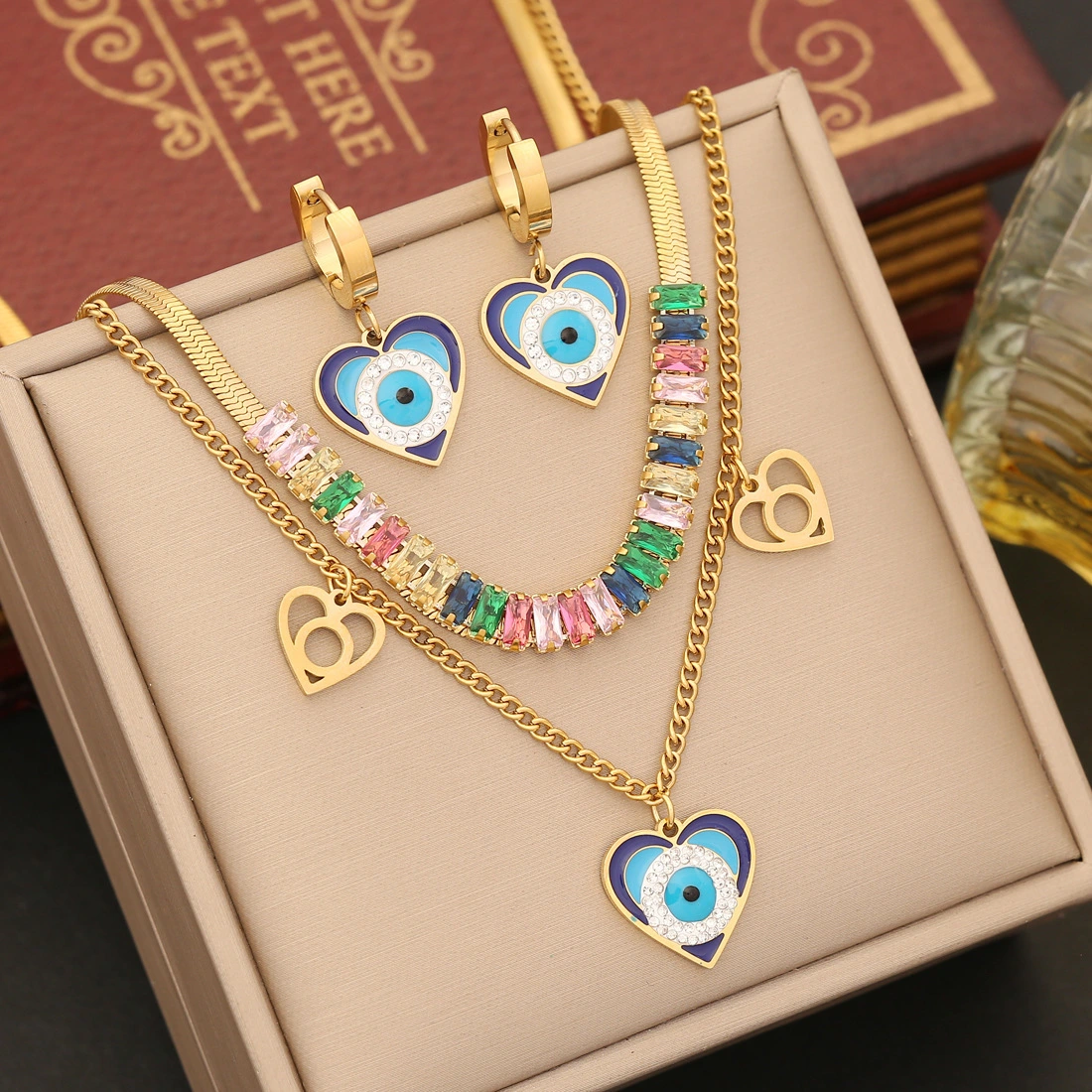 2023 New Jewelry Colorful Square Zirconium Necklace Fashion Stainless Steel Double Layer Chain Love Heart Necklace 1