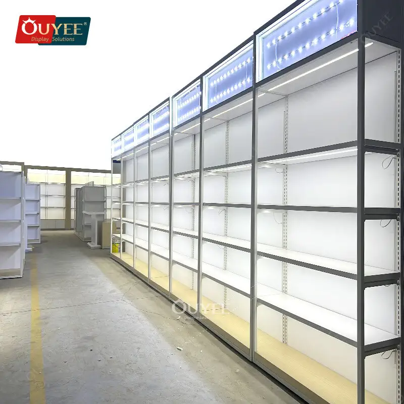 Vitrine de salon sur mesure dorée avec structure métallique, étagère pour perruques et cheveux, éclairage LED 1