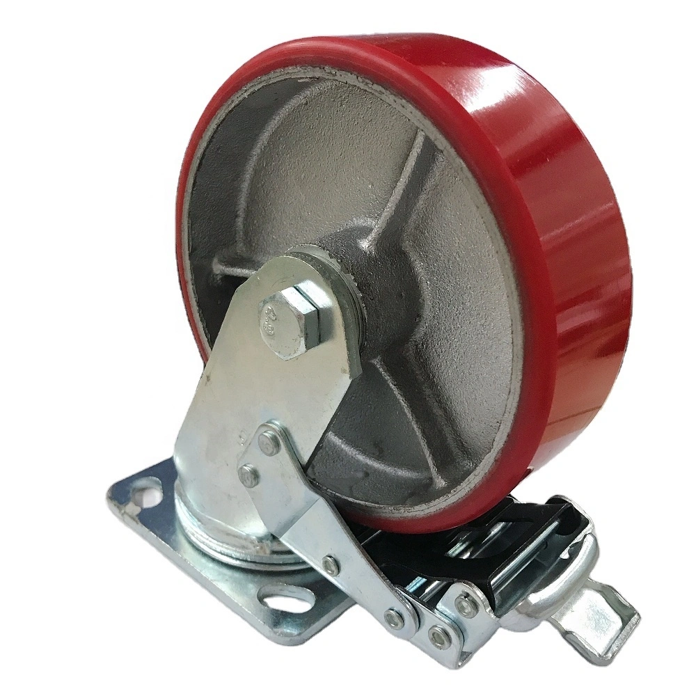 5.5mm Thickness Heavy Duty 6 Inch 150mm Cast Iron Core Red Pu Polyurethane Castor Wheel With Locking 1