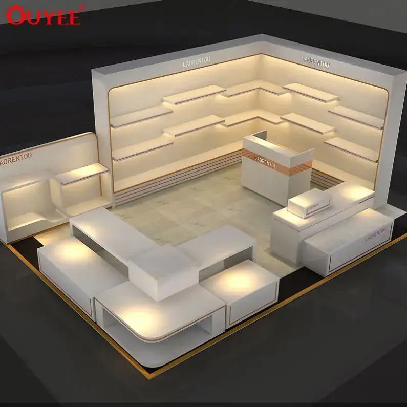 Mesa expositora e quiosque de madeira para loja de calçados 1