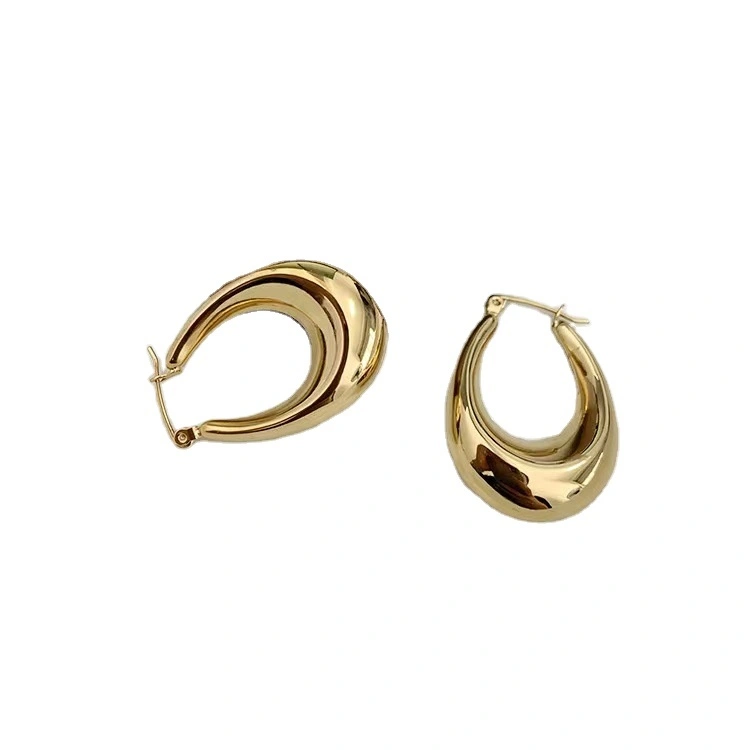 Luxury Gold Plated Stainless Steel Tear Drop Huggie Chunky Hollow Oval Hoop Statement Earrings 1
