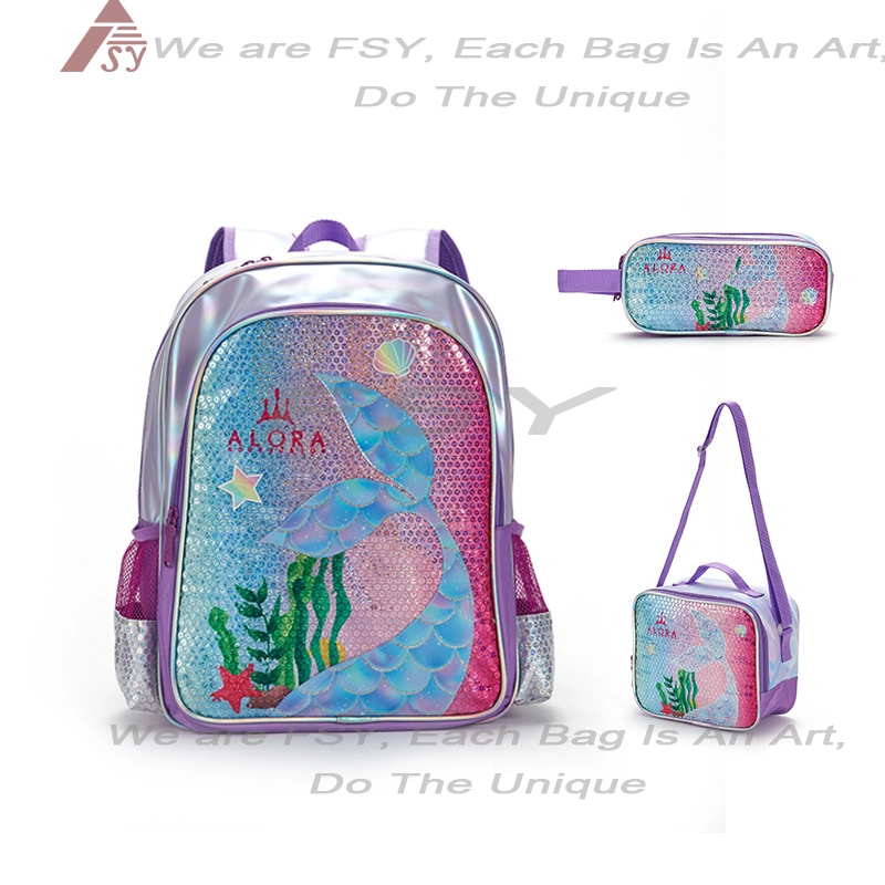 Girls Printed Sequin Mermaid Student Backpack 3 Pieces Set Kids School Bags Backpacks With Lunch Bag Pencil Bag For Children Oem 1