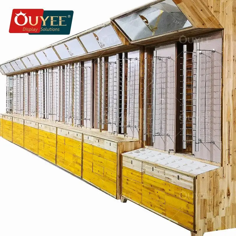 Vetrina espositiva in legno per occhiali da vista, con serratura e supporto da parete per occhiali, completa di aste. 1