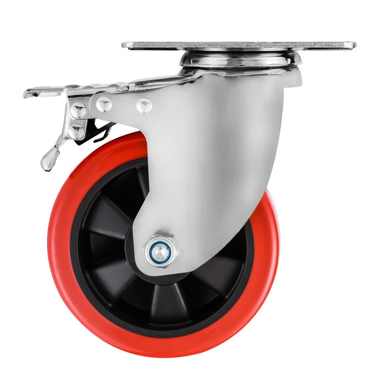 3/4/5/6 Inch Premium Polyurethane Swivel Plate Locking Casters Wheels Red Pu Anti-wear Smooth Trolley Casters With Brake 1