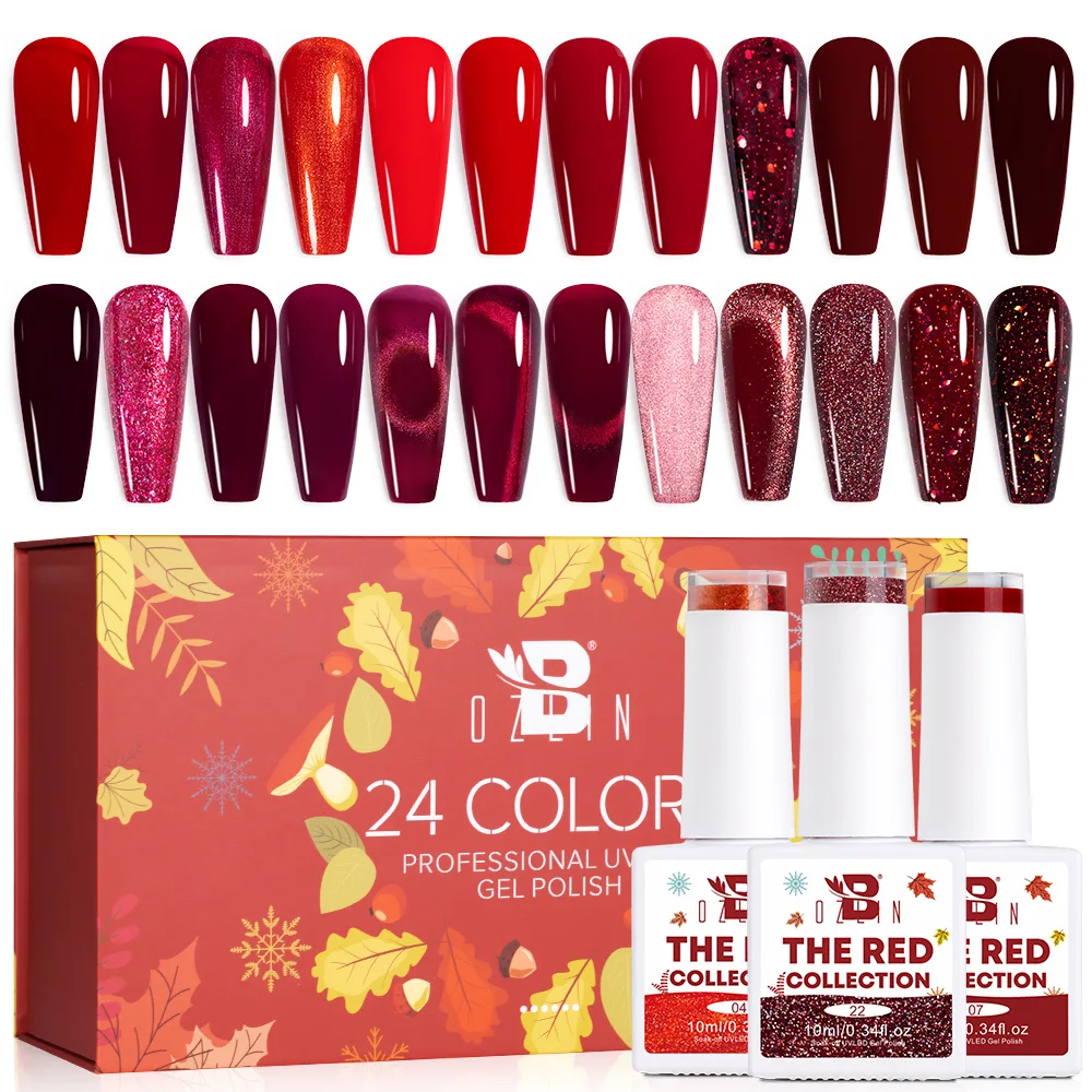 Coffret de vernis à ongles gel UV Bozlin 24 couleurs, série rouge, sans Hema ni TPO, 10 ml 1