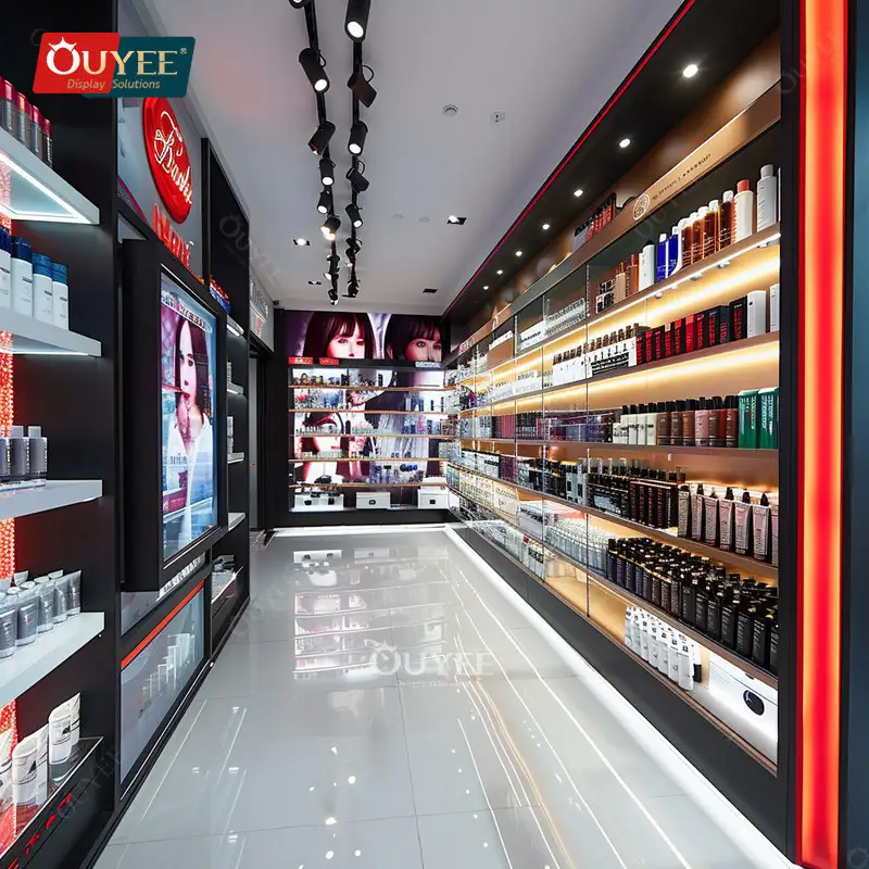 Expositor para perucas e perfumes em loja de produtos de beleza - Metal/Acrílico 1
