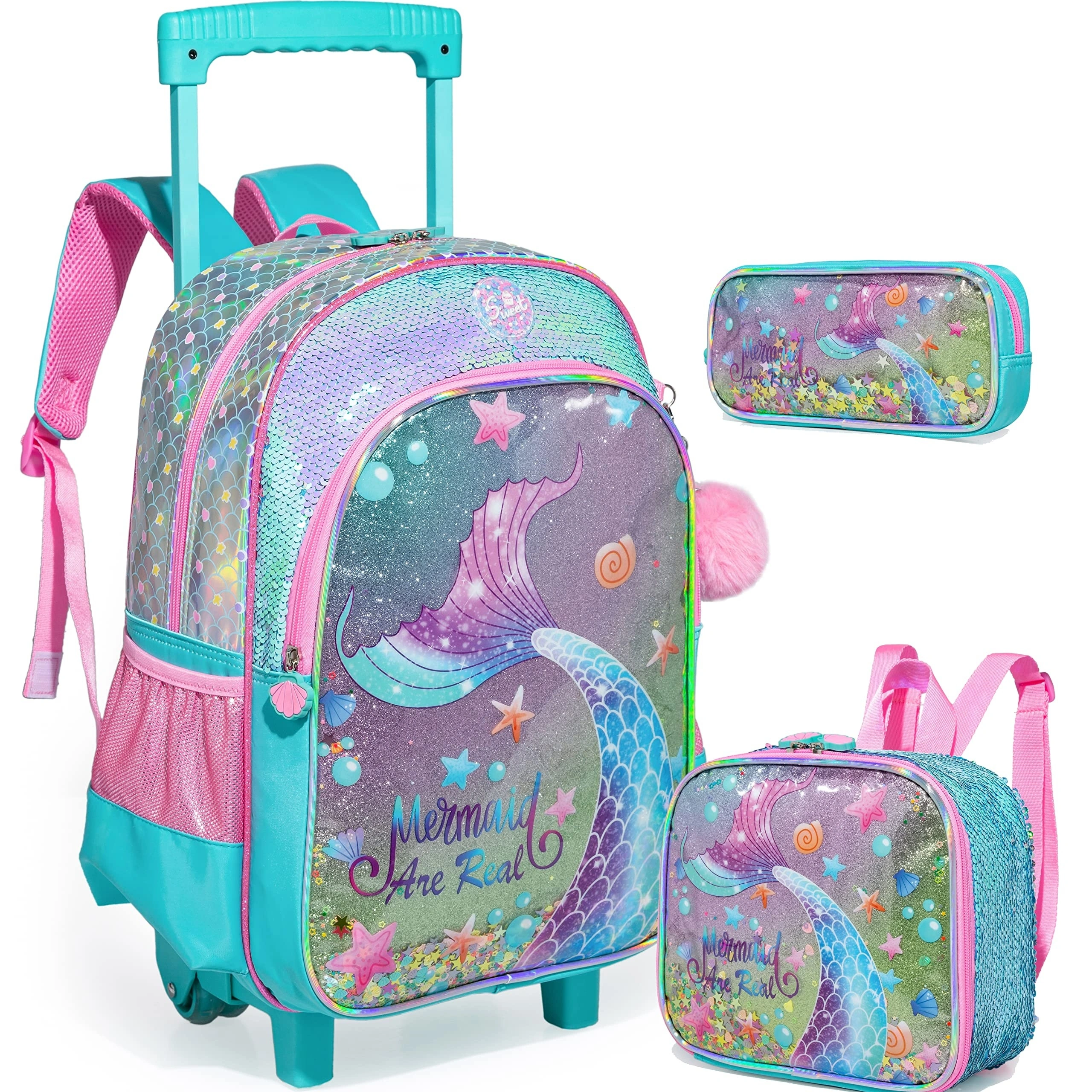 custom  trolleybag design  Mermaid Pull Rod Backpack Children's Travel Suitcase With Lunch Box Bags Students Trolley School Bag Backpacks 1