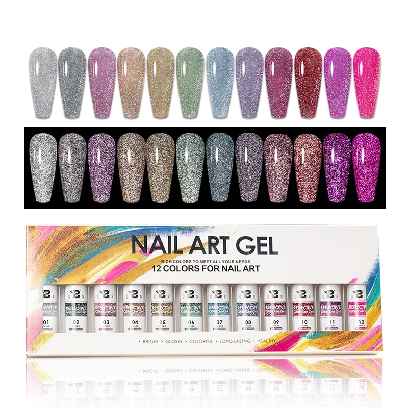 Reflective Glitter Nail Art Gel Liner Set UV Gel Polish 12 Colors 8ml Each 1