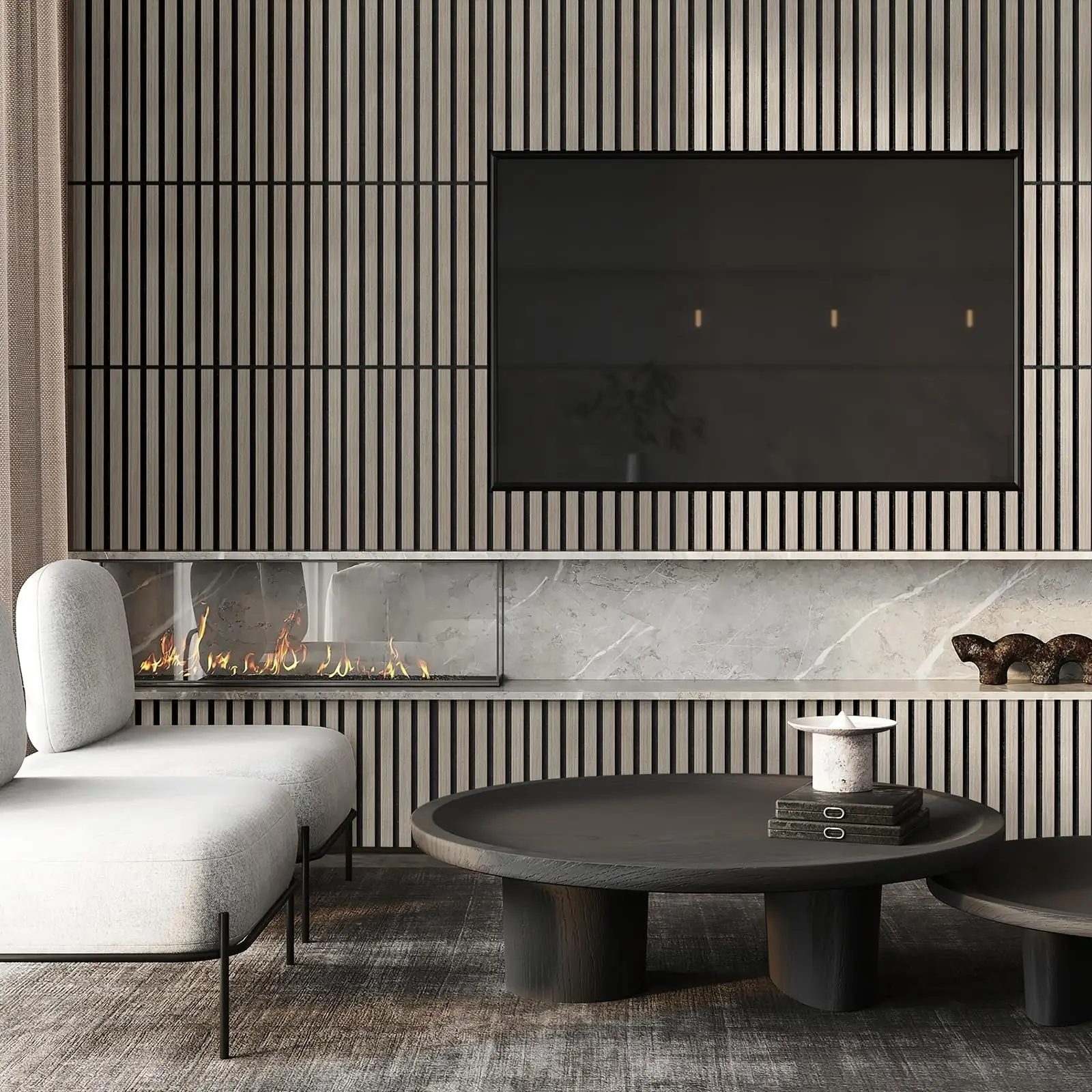 Geluidsabsorberende 3D akoestische houten wandpanelen met rookkleurig eiken- en walnootfineer. 1