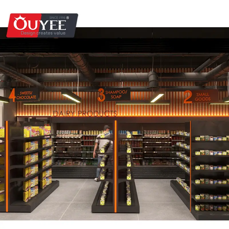 Rayonnages en bois pour fruits et légumes, style supermarché. 1