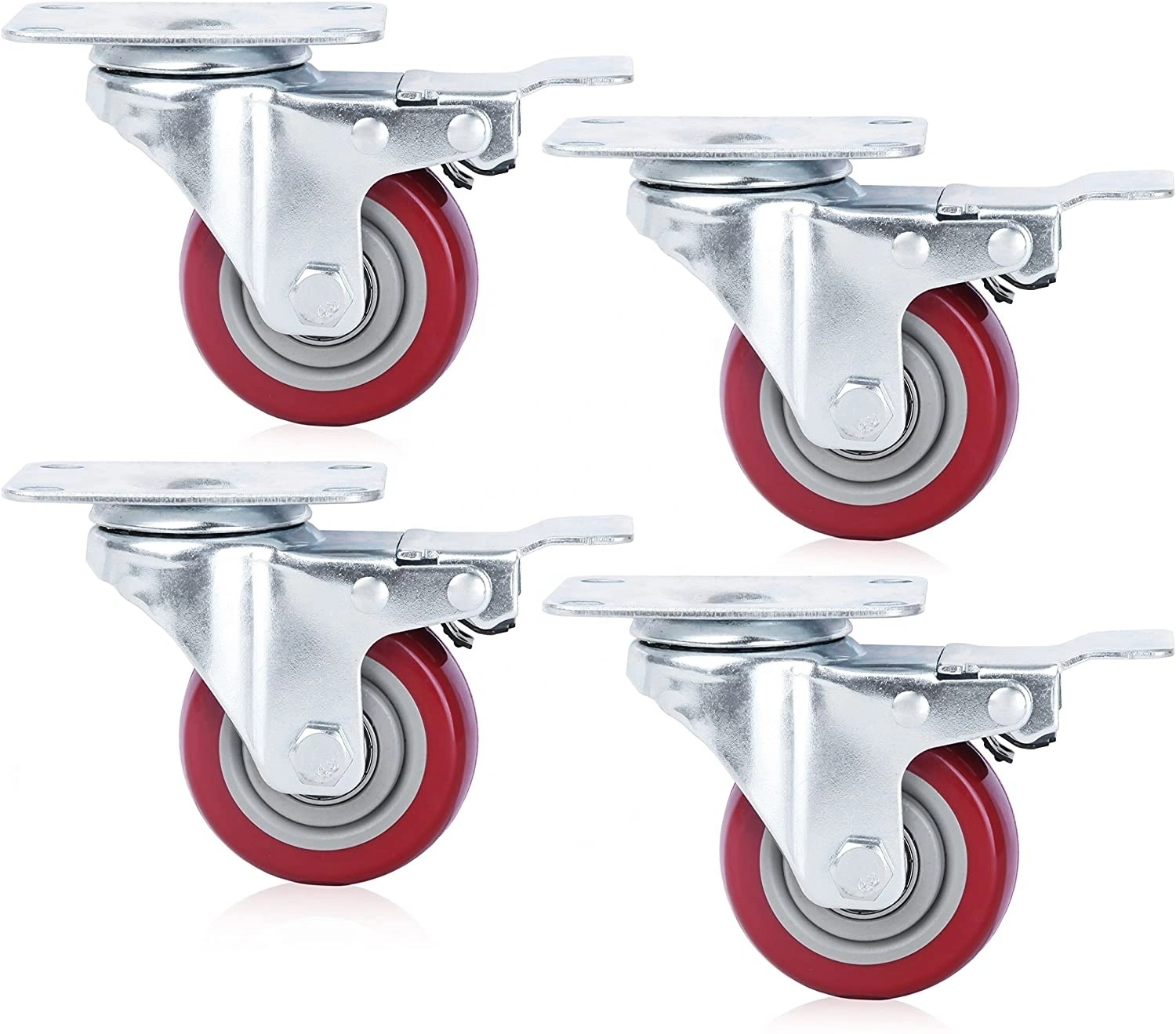 4 Inch Plate Swivel Premium Polyurethane Wheels Load 300 Lbs Lockable Anti-wear Furniture Workbench Red Pu Caster Wheels 1
