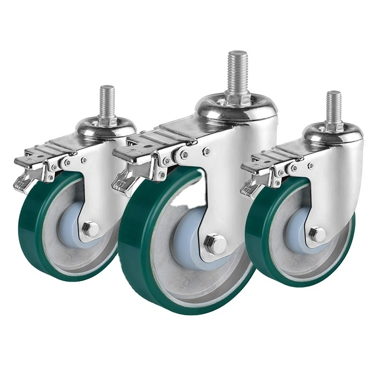 Good Quality Industrial Caster Wheels 5 Inch Double Ball Bearing Noiseless Green Pu Caster With Brake 1