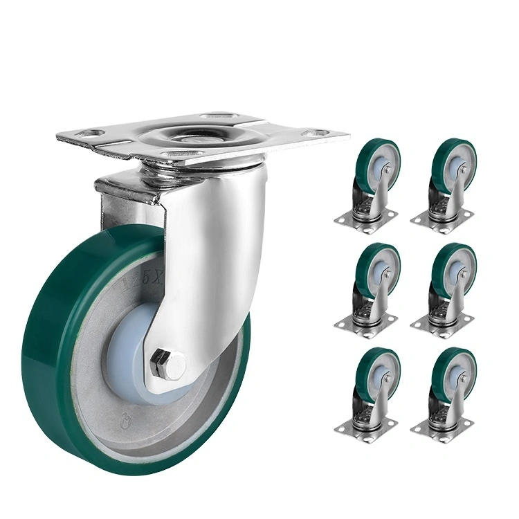 Medium Duty 4/5 Inch Pu Industrial Casters Warehouse Trolley Trash Can Double Ball Bearings Universal Brake Wheel 1