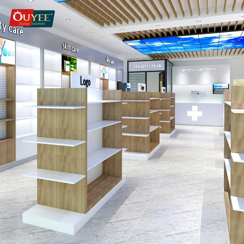 Apotheken-Gondelregale, Verkaufsständer, Thekenregale 1