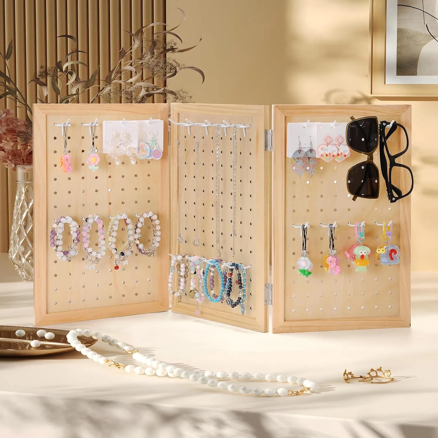 Wooden Foldable Portable Pegboard Jewelry Display Organizer Versatile Countertop Display Rack 1