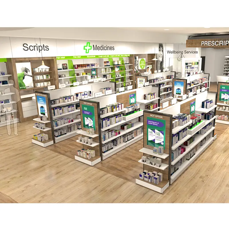 Verkaufsregal für Arzneimittel im Apothekeninnenraum 1