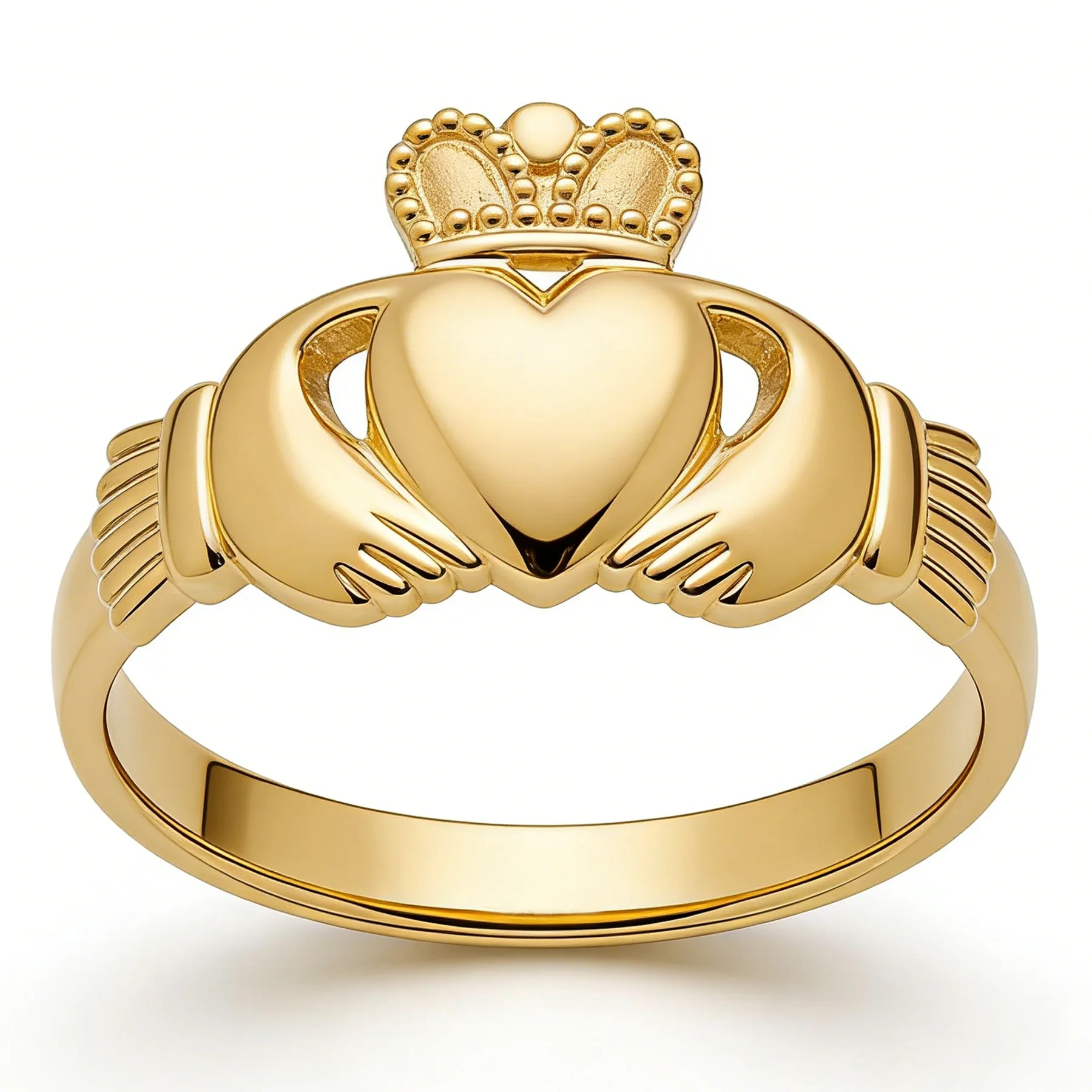 Anello Claddagh irlandese in oro giallo 9 carati con design a cuore e corona, fede nuziale di amicizia e amore, per uomo e donna. 1