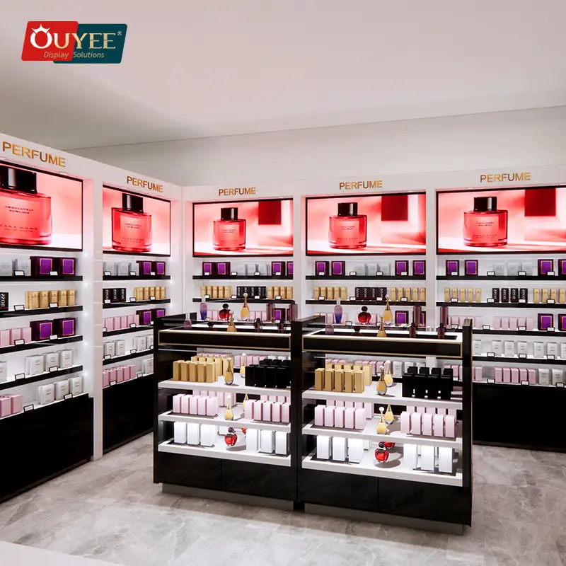 Móveis para Exposição de Cosméticos - Vitrines de Vidro com Prateleiras e Suportes para Perfumes 1