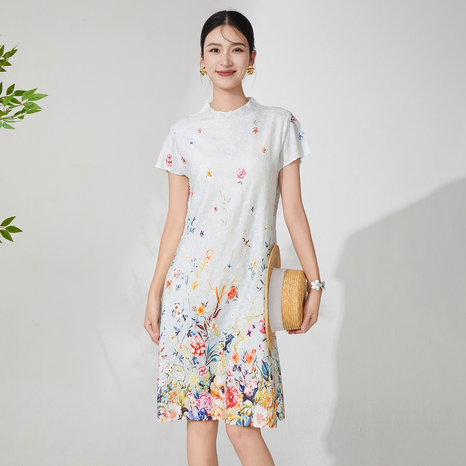 Miyake-Inspired Summer Pleated Dress – Printed Elastic Midi Dress | Women’s Casual Fashion 1