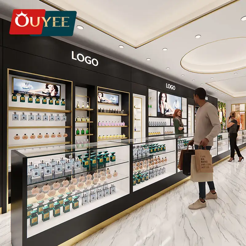 Vitrine personalizada para perfumes e cosméticos em shopping centers, com iluminação integrada. 1