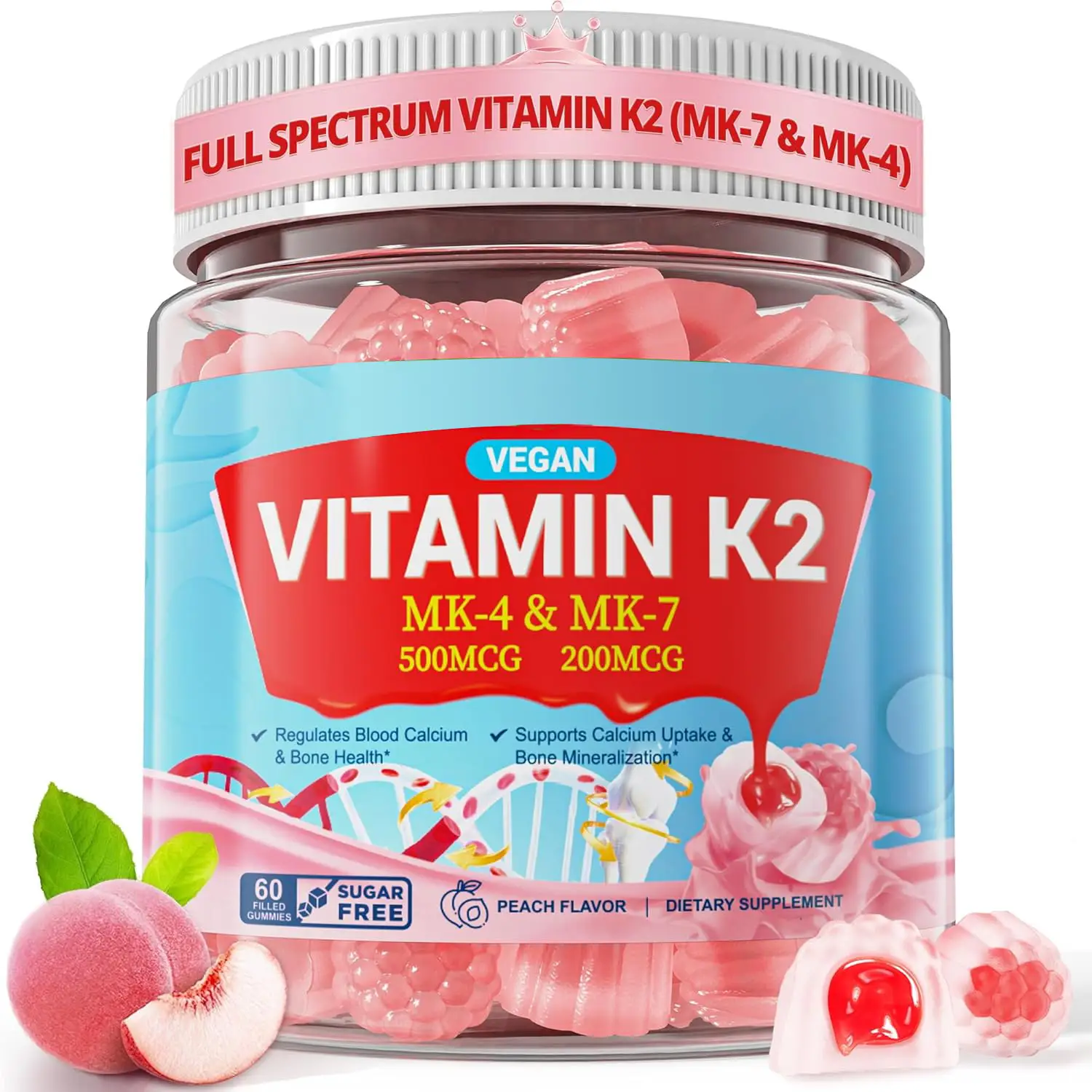 OEM/ODM Vitamin K2 Calcium Gummies 60s Sugar-Free Peach Supp 1