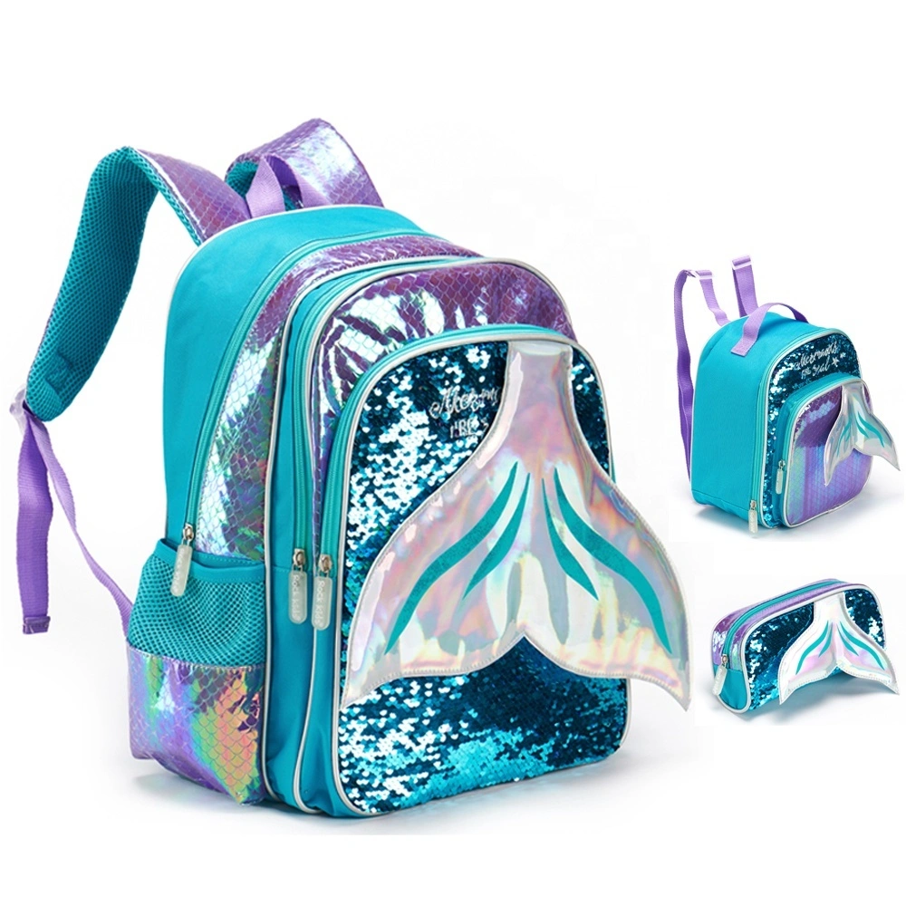 Fsy Mermaid Backpack 3 Pieces Sets For Kids Reversible Sequins Cartoon Primary School Bags Kindergarten Student Book Bags Girls 1