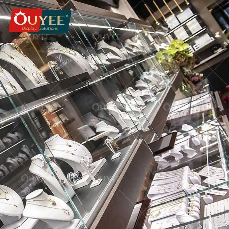 طاولة عرض مجوهرات خشبية مصممة خصيصًا بسطح زجاجي للكشك 1