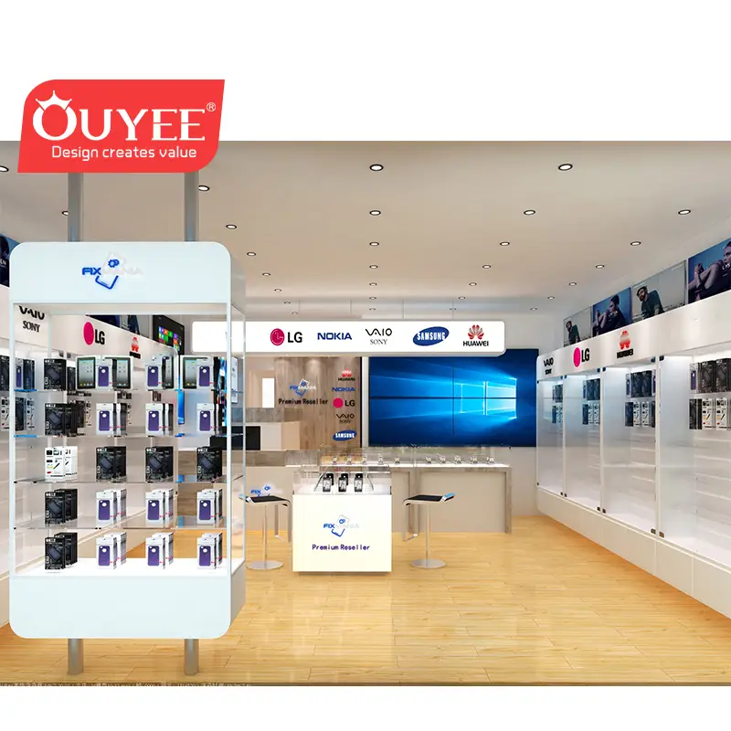 Projeto de interiores para loja de celulares com mobiliário e vitrines expositoras. 1