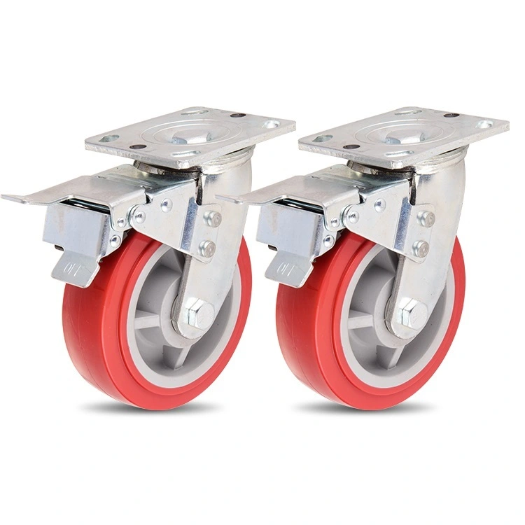 Red 4/5/6/8 Inch Swivel Total Double Brake Trolley Locking Heavy Duty Pu Caster Wheels For 220-420kg Cart 1