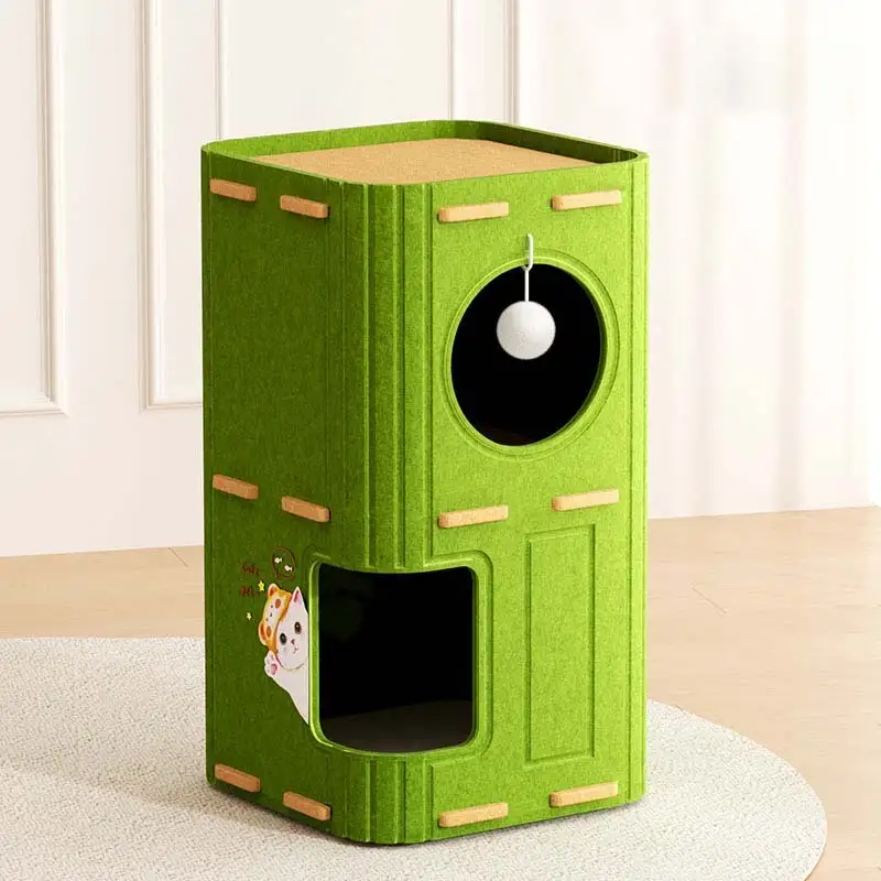 Maison pliable pour chat d'intérieur avec griffoir, balle duveteuse et grand lit pour chat 1