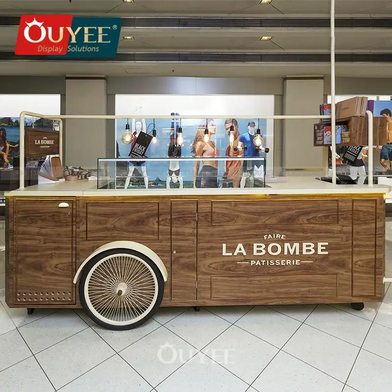 عربة عرض خشبية للحلويات/الزهور مزودة بعجلات وإضاءة LED 1