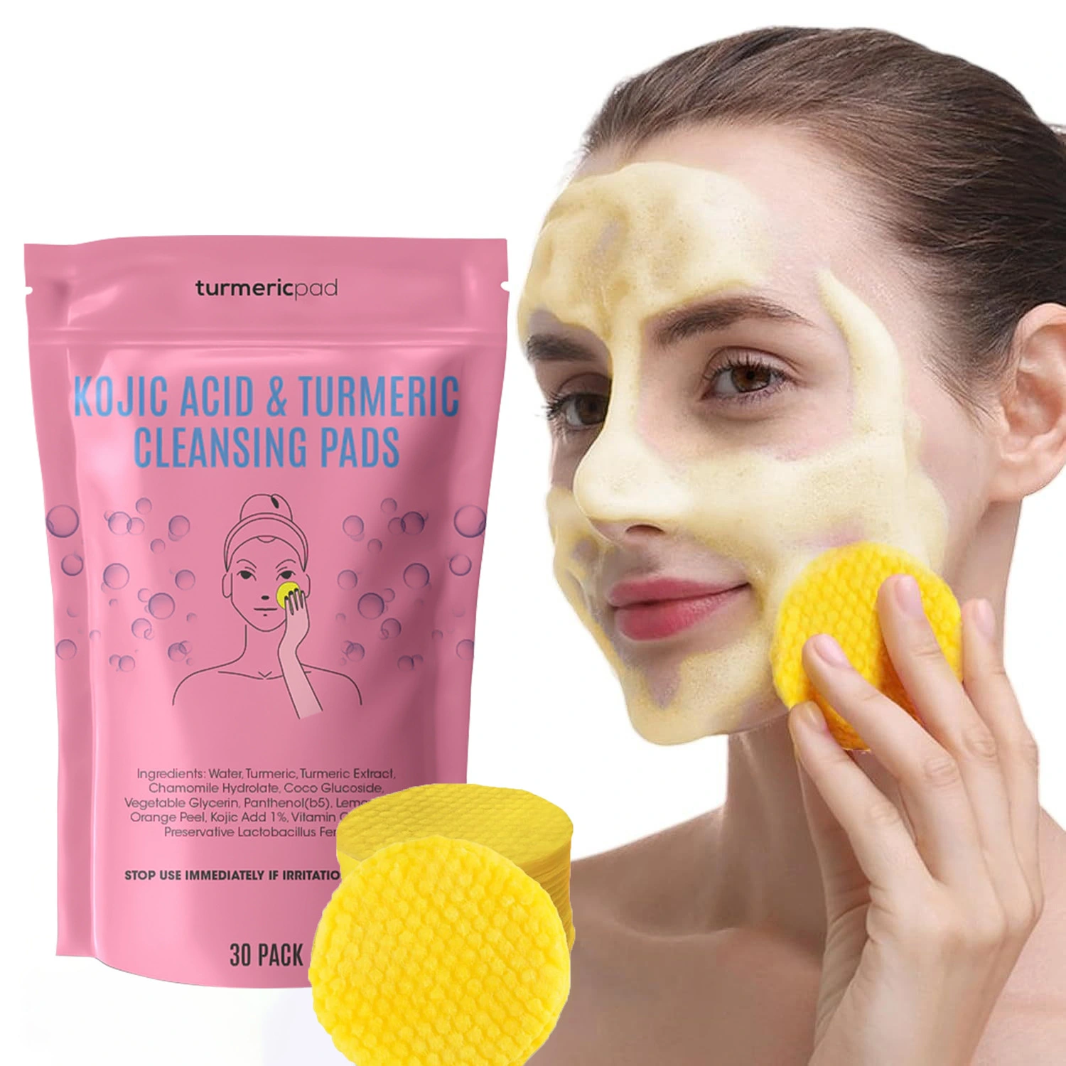 Ready To Ship Private Label Turmeric Kojic Acid Gentle Cotton Cleansing Pads-30 Pieces Daily Use Brightening Spot Removal 1